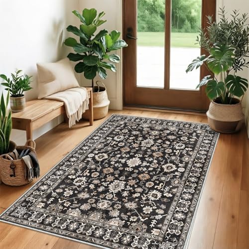 Washable 4x5 Rug for Entryway Non Slip Indoor Soft 5x4 Carpet Black - Image 2