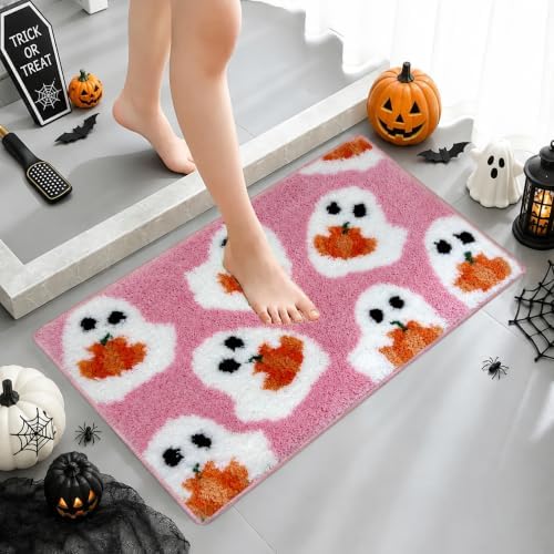 MEHOFOND Halloween Pink Ghost Pumpkin Non-Slip Bathroom Rug, 17x24 Inch - Image 3