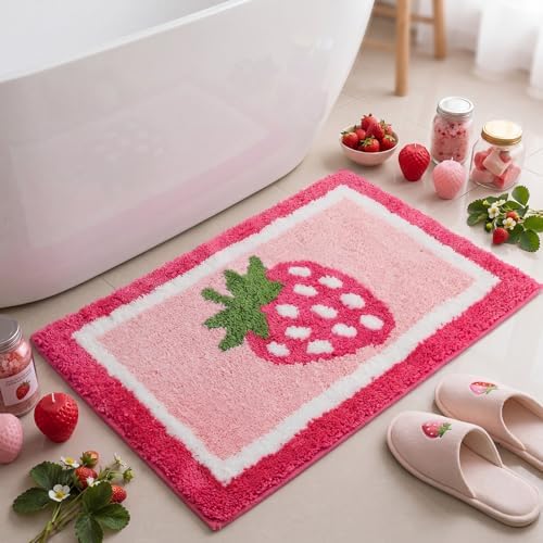 Boao Strawberry Bathroom Rug Tufted Bath Mat Pink Non-Slip 24 x 16 Inches by Boao