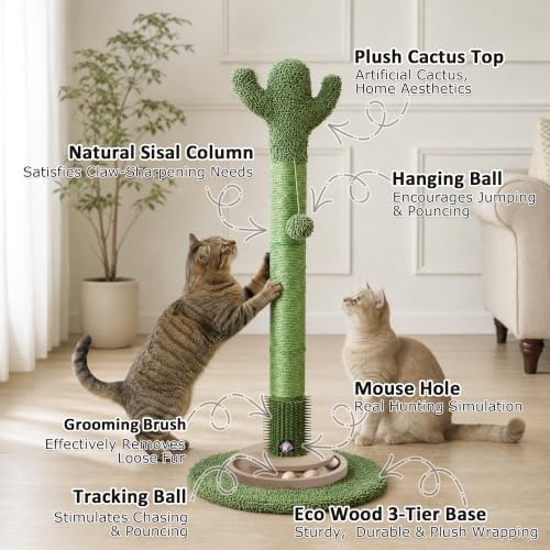 40" Cactus Cat Scratching Post, Natural Sisal Rope Scratcher Post - Image 2