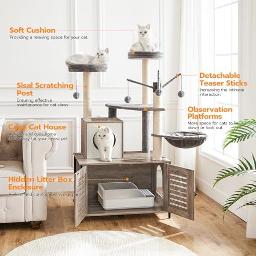 HOOBRO Cat Tree with Litter Box Enclosure, 27.6" L x 18.9" W x 52" H, - Image 5