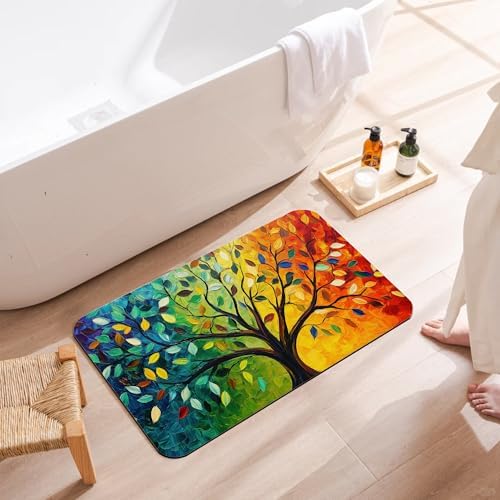 Tree of Life Bath Mat, Fast Drying Colorful Leaf Bathmats - Image 3