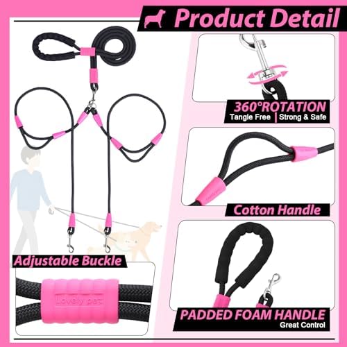 Thinkday Double Dog Leash for 2 Dogs, 5.9 ft No Tangle Dual Dog Leash - Image 3