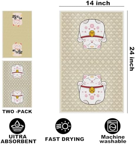 2 Pcs Japanese Lucky Cat Kitchen Towels, Cat Gifts Reusable Dish Towels - Image 2