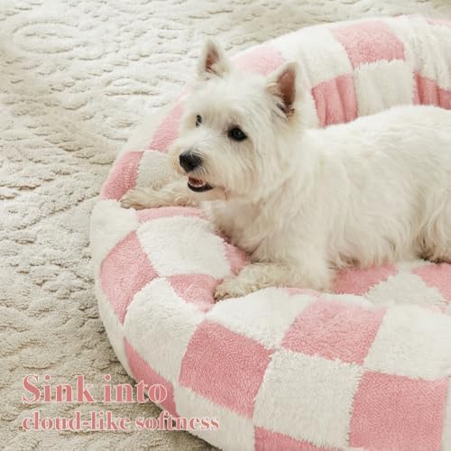 Ohocut Checkered Dog Bed, Cute Girly Pink Retro Style Aesthetic Round Warming - Image 2