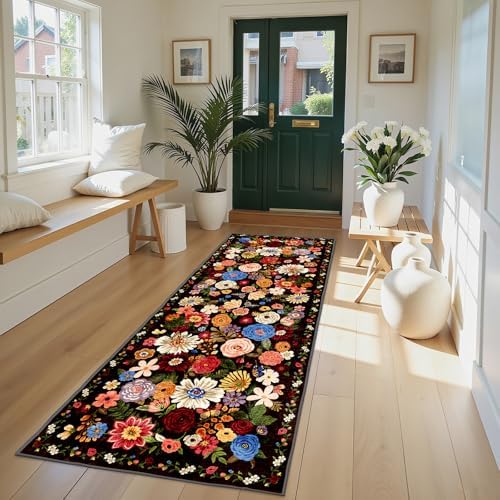 Black Brown Floral Hallway Runner Rug 2x8 - Image 2