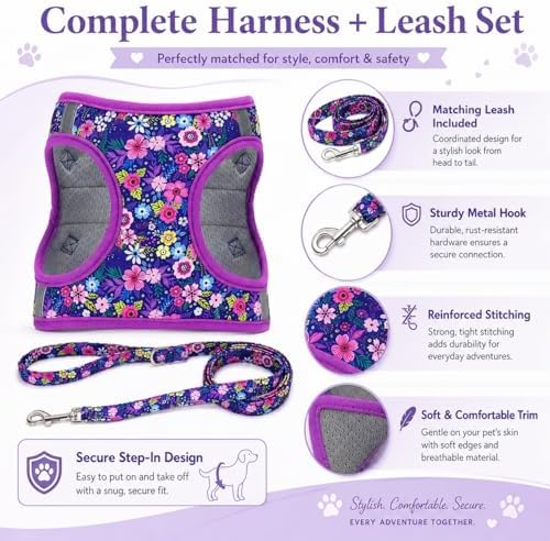 Step in Dog Harness Leash Set- All Weather Reflective No-Pull Floral Pattern - Image 7