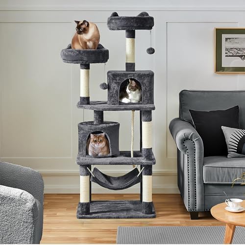 Yaheetech 62.5in Tall Cat Tree w/2 Cat-Ear Perches & 2 Condos, Dark Gray - Image 2