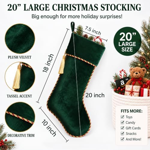 Green Christmas Stockings 4 Pack 20 Inch Large, Velvet - Image 3
