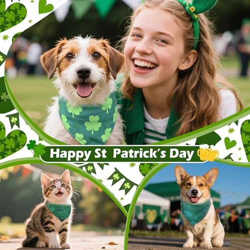[Hemmed] 100 Pcs St. Patrick's Day Dog Bandanas Bulk Shamrock Pet Scarves Lucky Adjustable Bibs for X-M-L Dogs Washable Holiday Puppy Kerchief for Groomers Shelters - Image 2