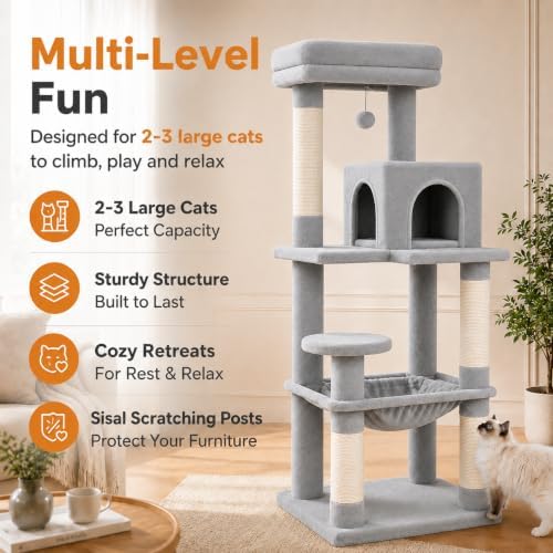 MUTTROS 56.3" Cat Tree with Metal Hammock, 2-Door Condo, 6 Tiers - Image 2