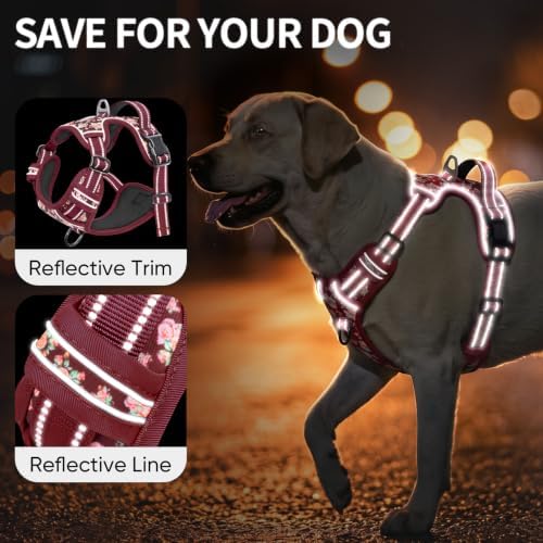 HEELE Dog Harness, Reflective, No Pull No Choke, Flower Burgundy - Image 3