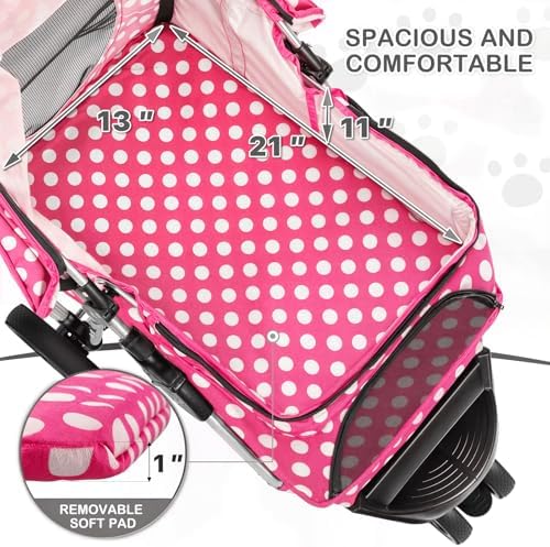 MoNiBloom Pet Stroller for Small/Medium Dogs and Cats, Hot Pink Polka Dots - Image 4