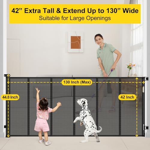 Reinforced 42" Tall x 130” Extra Wide Retractable Baby Gates Tall Dog Gate - Image 4