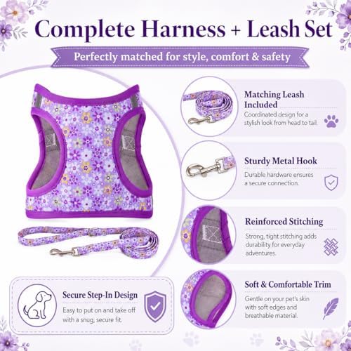 Step in Dog Harness Leash Set- All Weather Reflective No-Pull Floral Pattern - Image 5