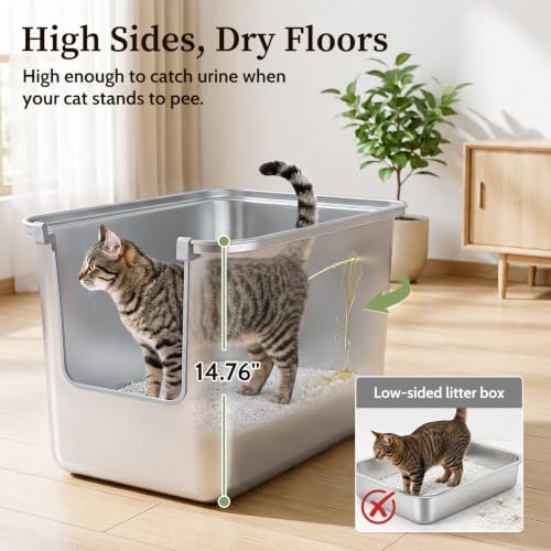 14.7 Inches High Sides Cats Litter Box, 304 Food Grade Stainless Steel - Image 6