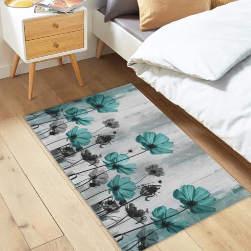 Giwawa Teal Floral Bath Rug Turquoise Flower Bath Carpet Soft Plush Absorbent - Image 2