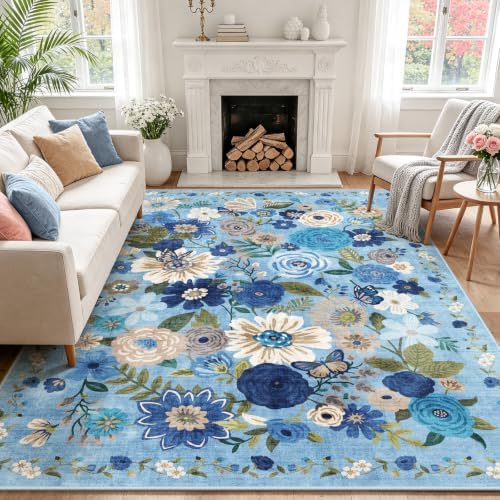 Blue Floral Area Rug 8x10 for Living Room Bedroom by WelcometoBabovid