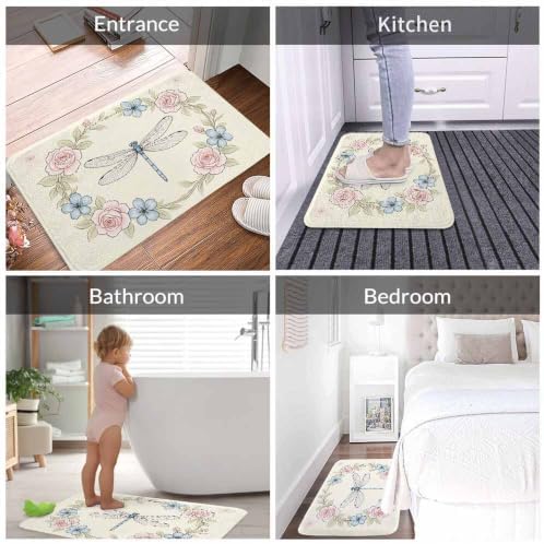 Floral Frame and Dragonfly Bath Rugs Microfiber Bathroom Mat Soft Plush Shaggy - Image 4