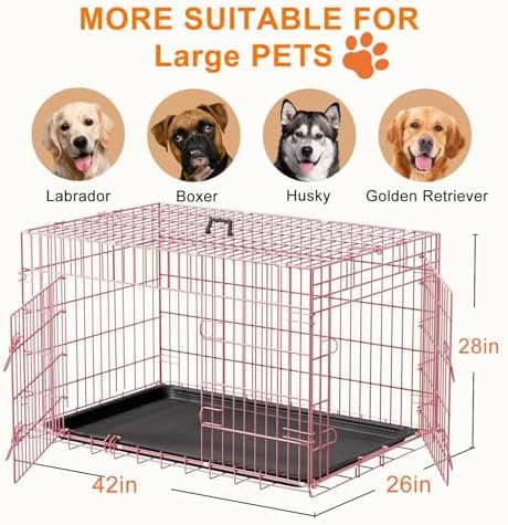 FDW | 42" Foldable Metal Dog Crate | Pink | Cage - Image 7