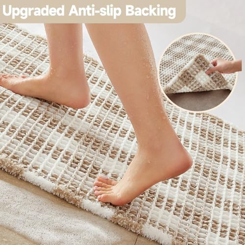 TYUU Waffle Runner Rug Bathroom, Long Boho Bath Mat, 60x24 Khaki & White - Image 4