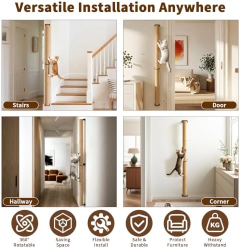 FHTONGE 63" Wall Mounted Cat Scratch Post, Adjustable Tall Jute Climb Pole - Image 5