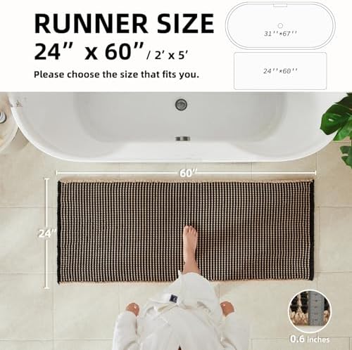 TYUU Waffle Runner Rug Bathroom, Long Boho Bath Mat, 60x24 Khaki & Black - Image 2