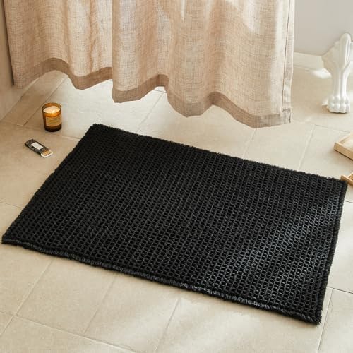 TYUU Black Waffle Bath Mat, Boho Bathroom Rugs Non Slip Washable by TYUU