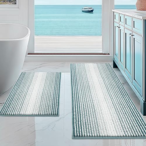 BSICPRO Bathroom Rugs Sets 2 Piece, Non Slip Striped Bath Mats, Sea Green by BSICPRO