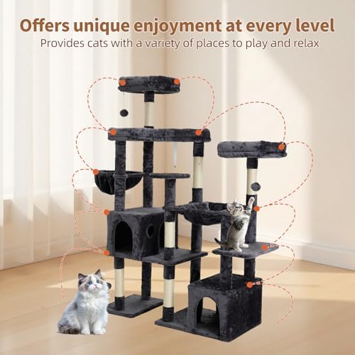 Upgraded 64.5 Inch Multi Cat Tree 3 Perches 2 Beds 2 Baskets Grey - Image 5