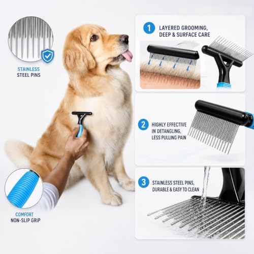 Undercoat Rake for Long Haired Dogs, Long & Short Teeth Dematting Comb - Image 4