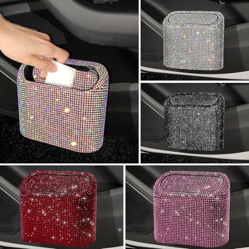 Bling Car Trash Can with Lid, Sparkly Mini Crystal Litter Container Auto - Image 6
