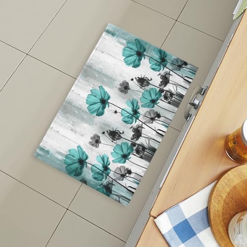Giwawa Teal Floral Bath Rug Turquoise Flower Bath Carpet Soft Plush Absorbent - Image 6