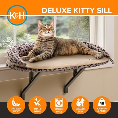 K&H Cat Window Perch, Deluxe Bolster Kitty Sill, Tan/Kitty Print - Image 5
