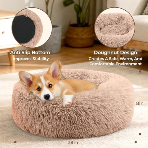 Calming Large Donut Dog and Cat Bed, Anti-Anxiety Round Soft Fluffy Plush Faux - Image 3