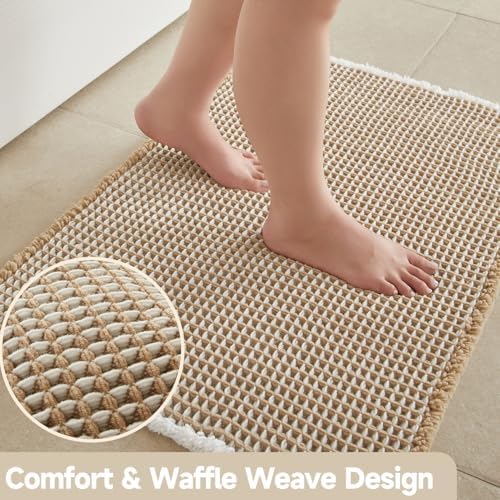 TYUU Waffle Runner Rug Bathroom, Long Boho Bath Mat, 60x24 Khaki & White - Image 4