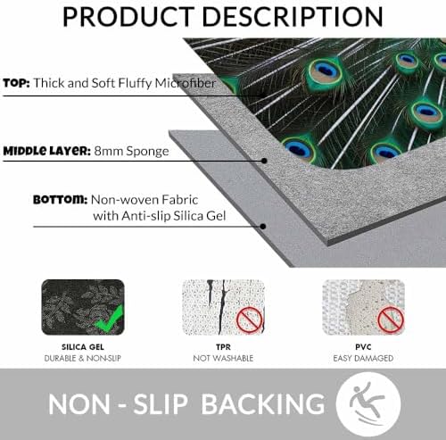 Peacock Bathroom Mat Rugs Beautiful Bird Peacock and Green Feathers Microfiber - Image 6