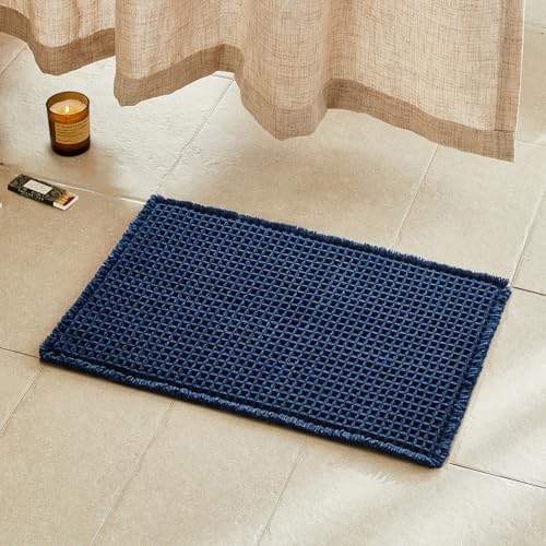 TYUU Waffle Bath Mat, Small Boho Bathroom Rugs Non Slip 24x16 Navy Blue by TYUU