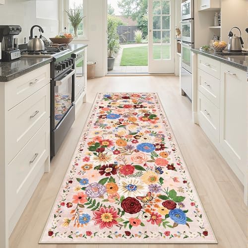 Washable Runner Rug 2x6 Beige Floral, Non Slip by WelcometoBabovid