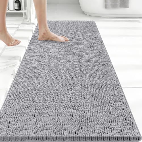 Bcoimo Bath Rug Mat, 48x24 Chenille Non Slip Gray Long Bathroom Runner Rugs by Bcoimo