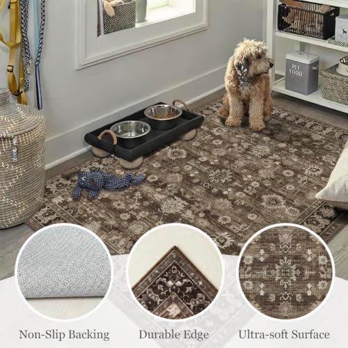 Washable Square 4x4 Rug Entryway: Non Slip Washable Indoor Carpet Brown - Image 5