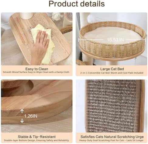 48in Natural Wood Cat Tree for Large Cats, Big Modern Cat Tower - Image 4