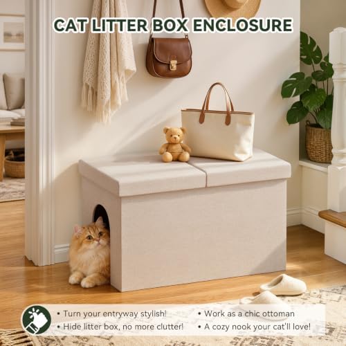 3-in-1 Cat Litter Box Enclosure Furniture, Cat Ottoman Bench - Image 5