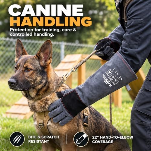 RAPICCA Animal Handling Gloves, Bite Proof Double Leather, 22 in Grey-Black - Image 4