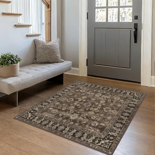 Washable Square 4x4 Rug Entryway: Non Slip Washable Indoor Carpet Brown by NYZEL