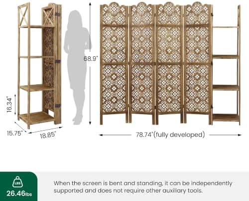 Svimi Wood Room Divider with 4-Tier Shelves, 4 Panel Privacy Screen - Image 4