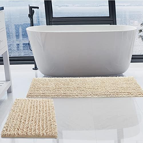 Luxury Chenille Cream Bathroom Rugs Sets 2 Piece, Thickened Hot Melt Rubber by HVERONNEX