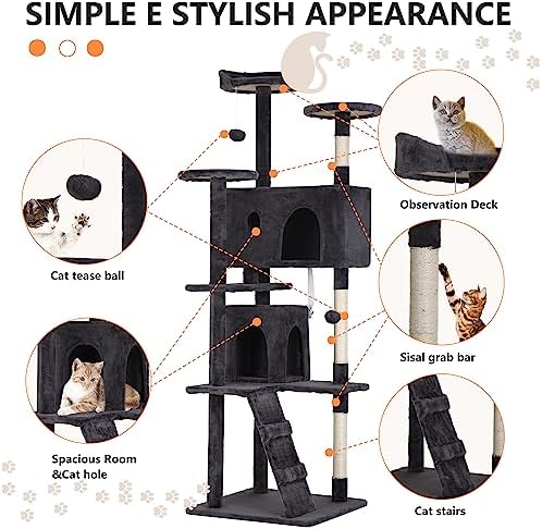 BestPet | 70" Cat Tree Tower | Dark Gray | Sturdy Multi-Level Cat Tree - Image 6