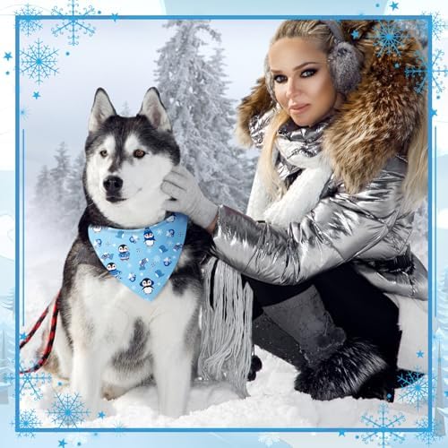 Preboun 50 Pcs Winter Dog Bandanas Bulk, Blue and White Snowman Snowflakes - Image 6