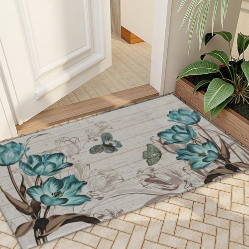 Giwawa Teal Floral Bath Rug Butterfly Flower Bath Carpet Soft Bathroom Plush - Image 7